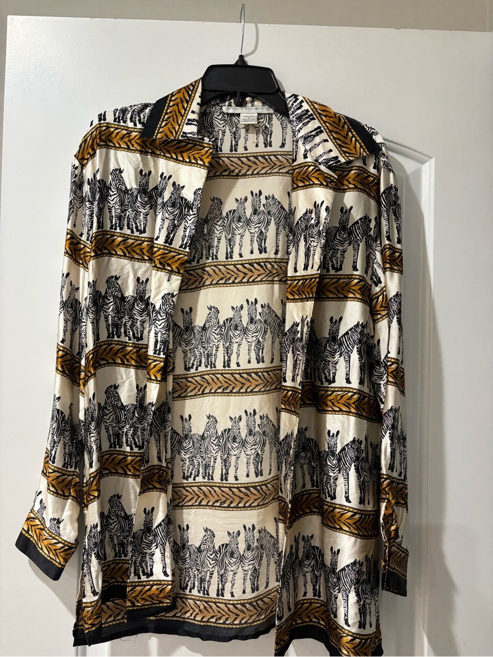 Silky Cream Zebra-Print Button-Down Shirt with Gold Accents